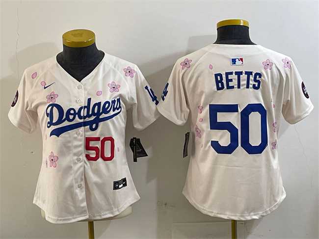 Womens Los Angeles Dodgers #50 Mookie Betts Cream 2025 Tokyo Series Limited Stitched Jersey